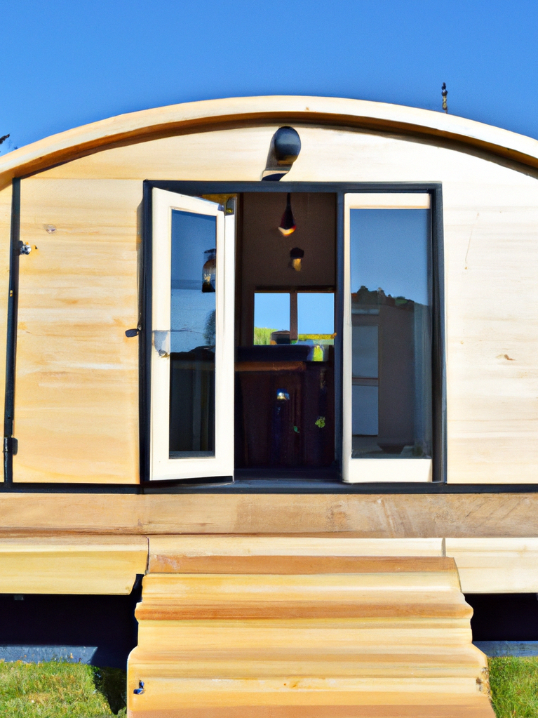 Wooden tiny house with open doors and steps leading to the entrance. Blue sky above.